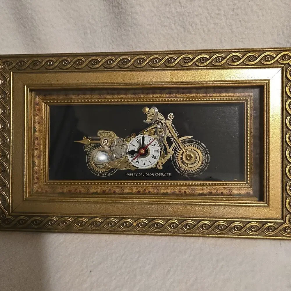 Harley Davidson Springer made of clockworks plaque with working clock Framed 9x6